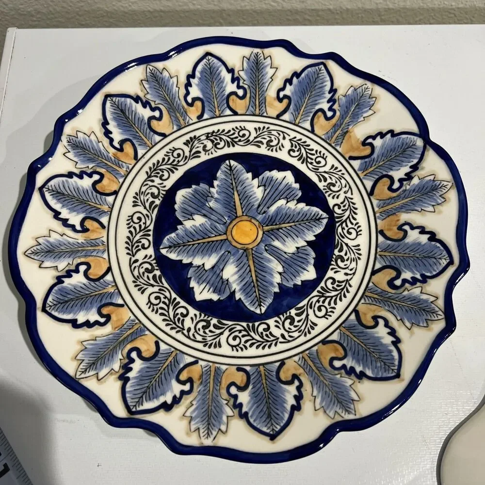 I Godinger & Co Cobalt Blue Yellow Hand Painted Plates Scalloped Set of 2
